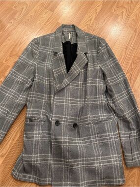 Free People Black and Gray Plaid Blazer